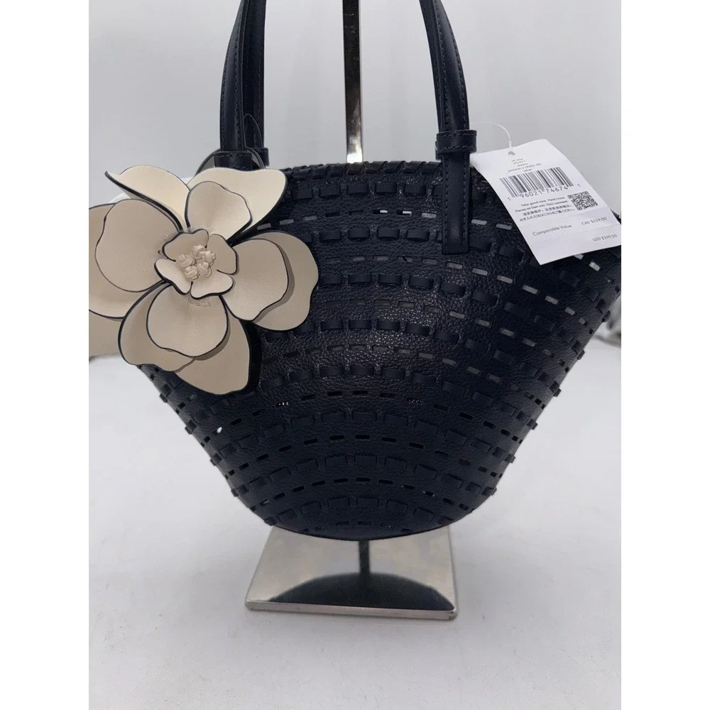 Kate Spade Dahlia Small Tote Parisian Navy Leather Woven Flower Bag KO471 NEW